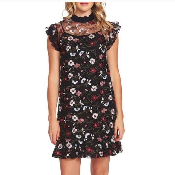 CeCe black sheer embroidered floral mini dress - Picture 2 of 11